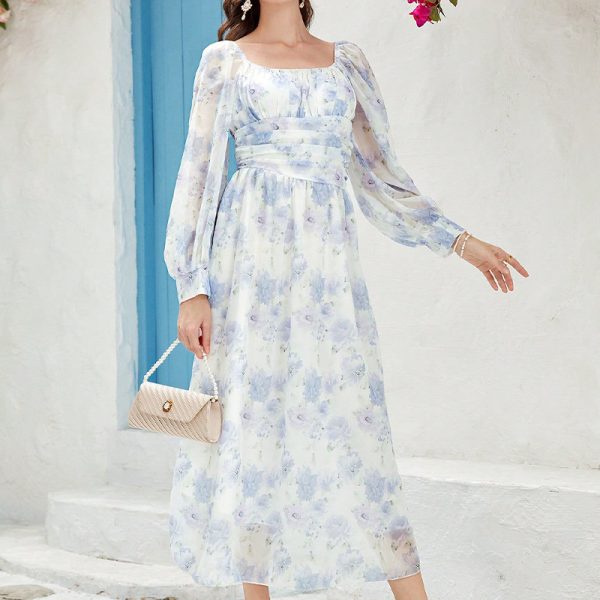 Long Sleeve Floral Fairy Dress with Fresh U Collar