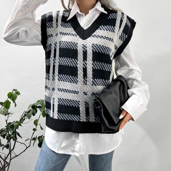 Casual Plaid Knitted Vest for Women in Autumn/Winter