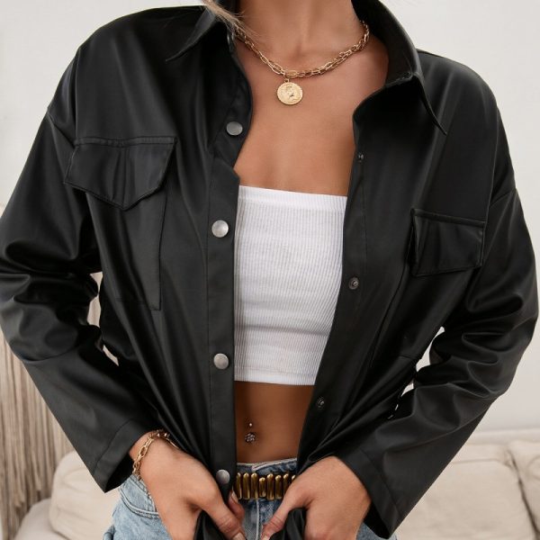 Biker Leather Single-Breasted Long Sleeve Shacket