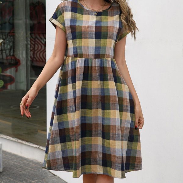 Casual Plaid Round Neck Short Sleeve Midi Dress