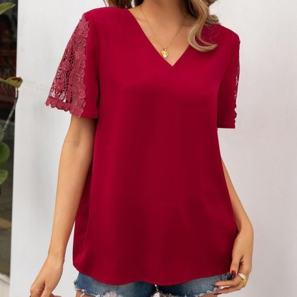 Lace Stitching V Neck Short Sleeve Shirt for Women