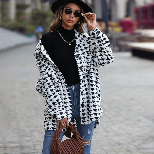 Houndstooth Flannel Collar Coat for Autumn