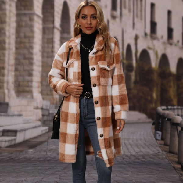 Women's Collared Plaid Single-Breasted Long Plush Coat