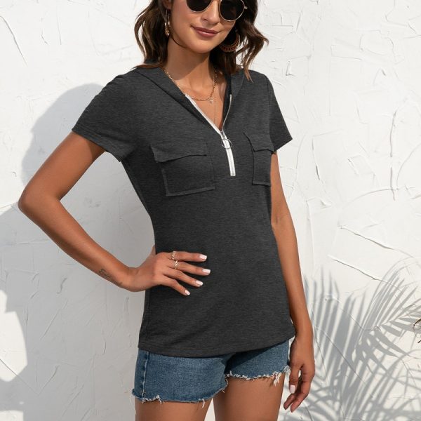 Zipper Short Sleeve Hooded Knitted T-Shirt with Pocket