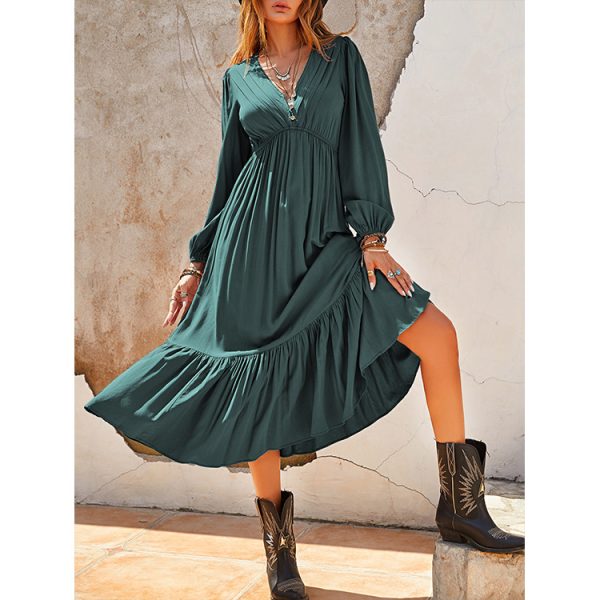 Solid Color Stripes Lantern Sleeve Holiday Dress