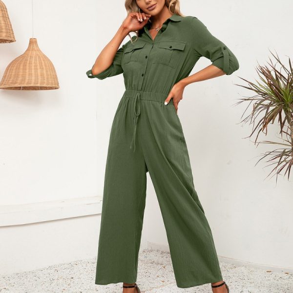 Double Pocket Single-Breasted Long Sleeve Jumpsuit