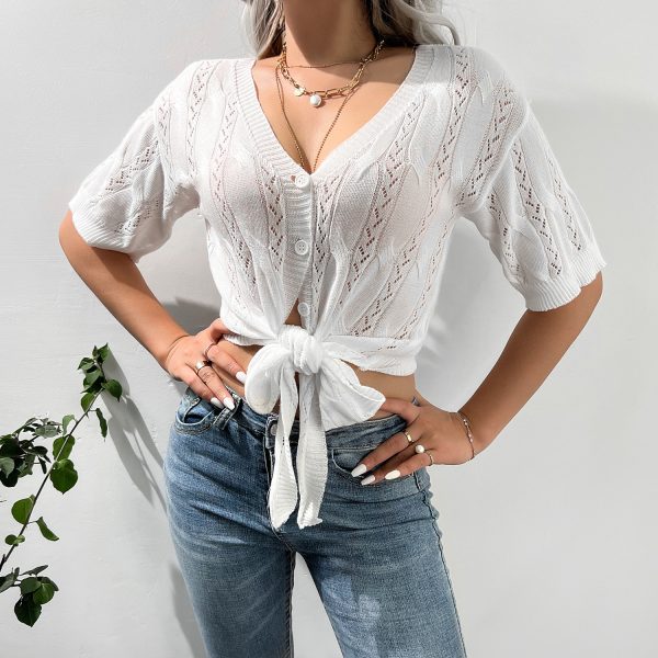 Single-Breasted V-Neck Bow Top for Spring/Summer