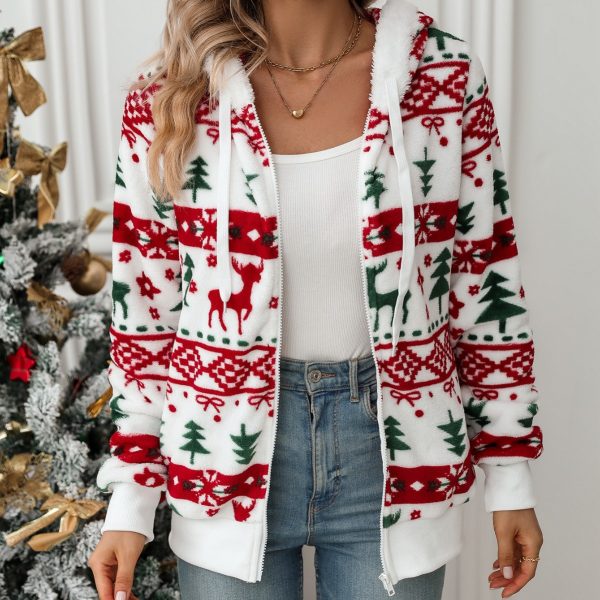 Long-Sleeved Christmas Printed Plush Cardigan for Women in Autumn/Winter