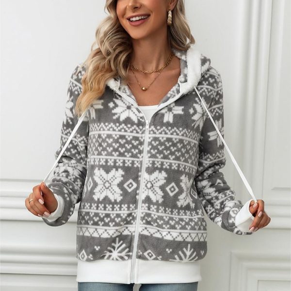 Christmas Printed Plush Hooded Cardigan for Women in Autumn/Winter