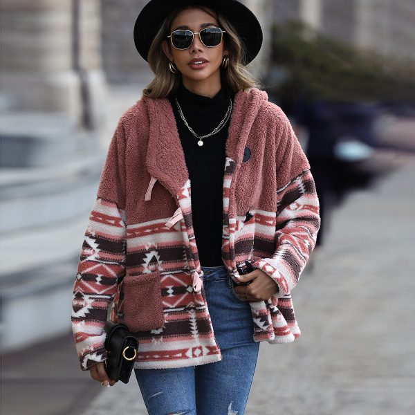 Geometric Abstract Hooded Velvet Coat