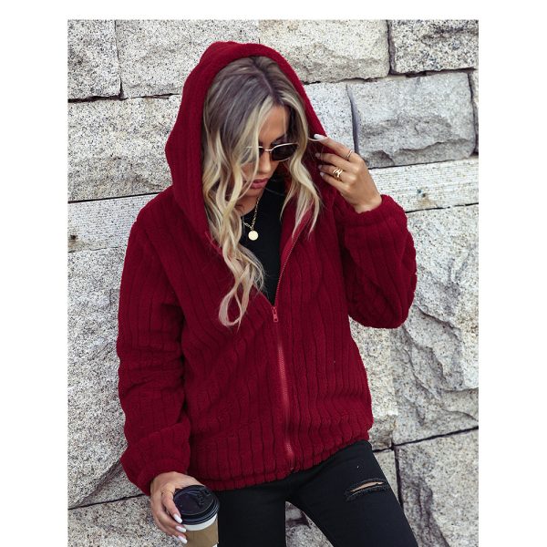 Hooded Sunken Stripe Zipper Plush Jacket