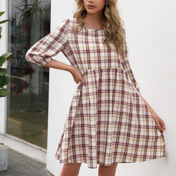 Loose Plaid Round Neck Printed Dress