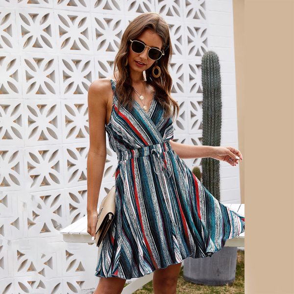 Rainbow Striped Wrap V-neck Spaghetti Strap Elastic Tank Dress