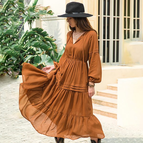 V-Neck Long Sleeve Chiffon Dress with High Waist for Slimming Elegance