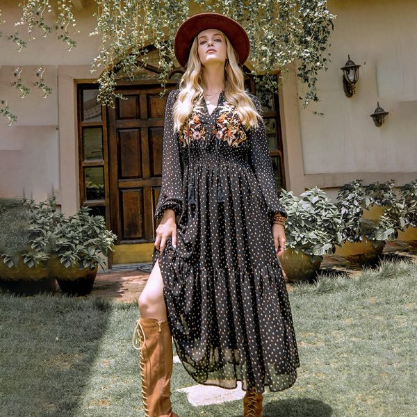 Embroidered Black High Waist Smocking Maxi Dress