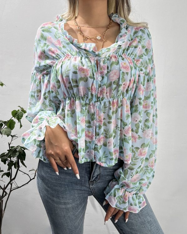 Wooden Ear Charm: Bell Sleeve Floral Chiffon Shirt for Autumn/Winter