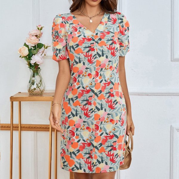 Printed V-Neck Short Sleeve Dress