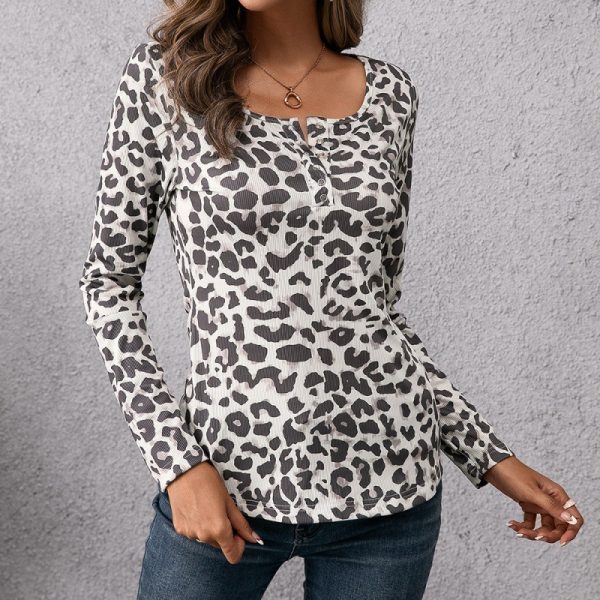 Casual Leopard Print Square Collar Long Sleeve T Shirt