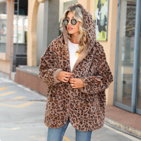 Hooded Leopard Print Bubble Velvet Outerwear for Casual Autumn Day