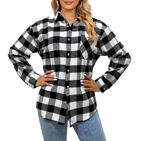 Single-Breasted Long Sleeve Shirt with Polo Collar for Women