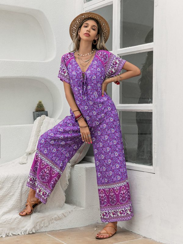 Purple Printed Wide-Leg Short Sleeve Women's Jumpsuit"