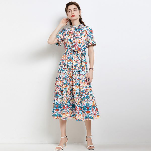 Summer Floral A-Line Maxi Dress with Belt