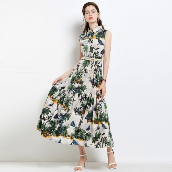 Lapel Print Belt Sleeveless Maxi Dress