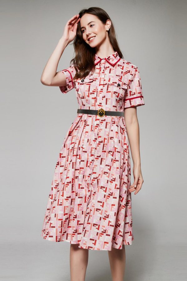 Elegant Pink Letter F Printed Dress | Single Breasted Mid Dress