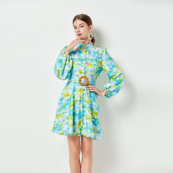 Green Printed Swing Dress | Vertical Collar & Pockets