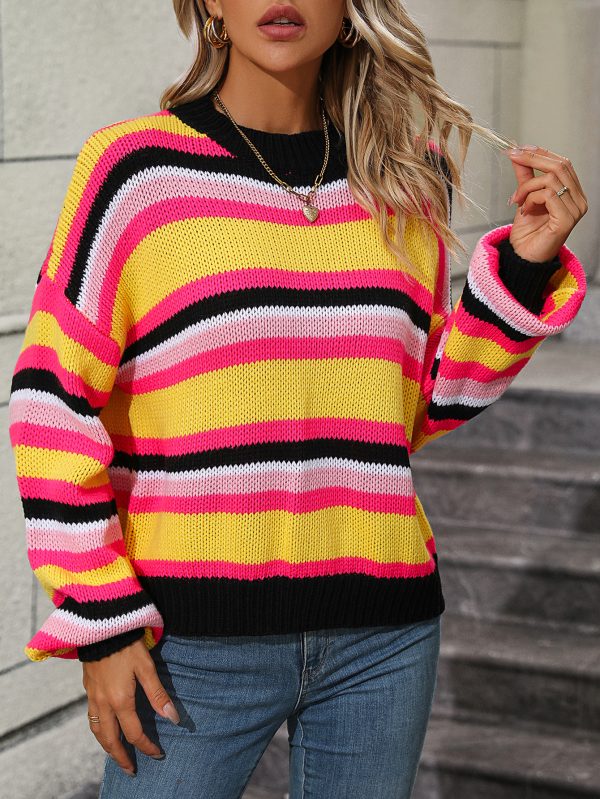 Autumn Winter Stitching Loose Round Neck Striped Sweater