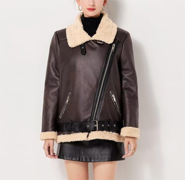 Women's Large Collared Faux Shearling Locomotive Coat