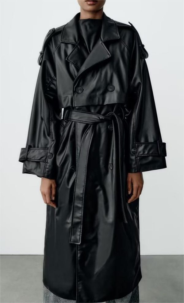 Black Faux Leather Trench - Spring/Autumn Elegance