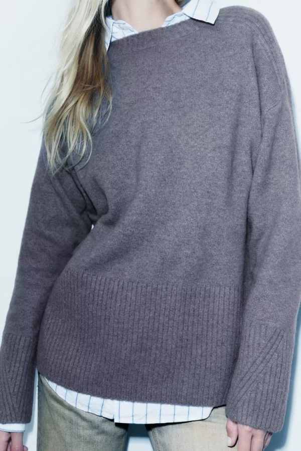 Solid Color Rib Knit Sweater