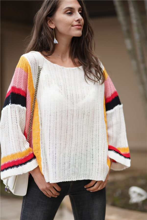 Popular Loose Patchwork Rainbow Sweater | Autumn Winter Top