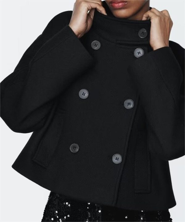 Stand Collar Double-Breasted Woolen Coat - Office Chic