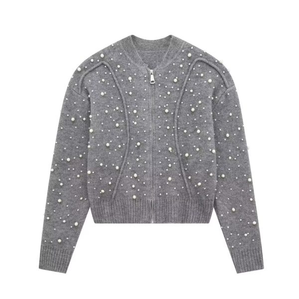 Gray Heavy Beads Cardigan - Winter Slimming Sweater