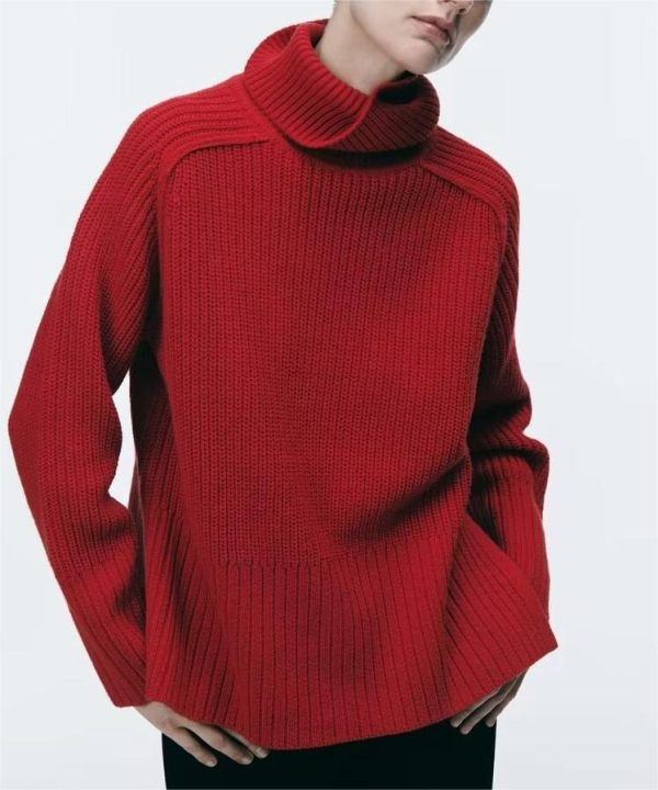 Red Stand Collar Split Sweater - Autumn/Winter Chic