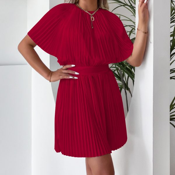 Pleated Batwing Sleeve Short Dress