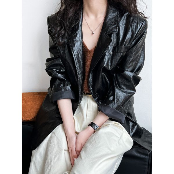 Autumn Retro Street Shiny Leather Blazer for Women