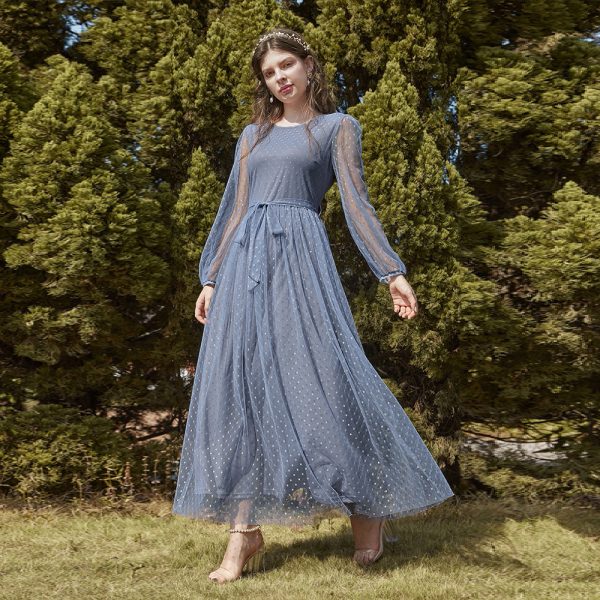 Women Clothing Dress Autumn Winter round Neck A line Dress Stitching Mesh Maxi Dress