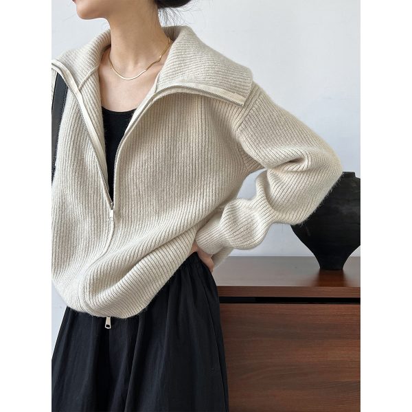 Lazy Double Zip Knit Cardigan | Collared Stand Collar