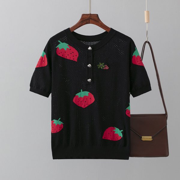 Strawberry Jacquard Cutout Knit Top