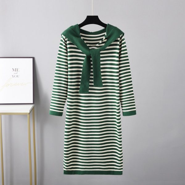 Striped Slim Long Sweater Shawl Dress