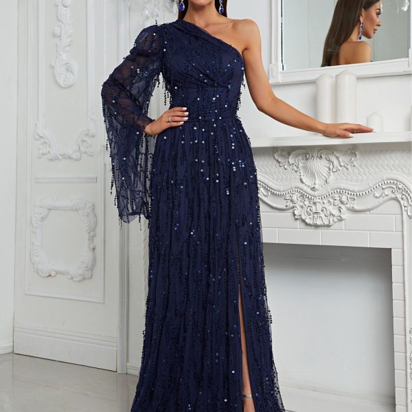 One-Sleeve Sequin Slit Dress