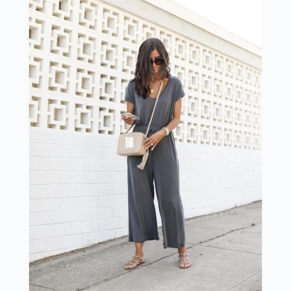 Spring/Summer V-Neck Wide-Leg Jumpsuit