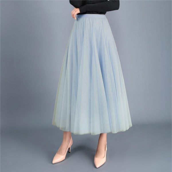 Long Gauzy Tulle Pleated A-Line Skirt