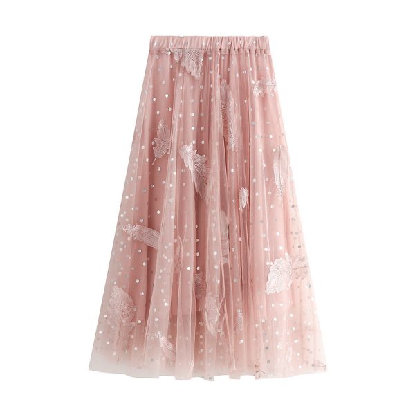 Feather Embroidery Mesh High Waist Bubble Skirt