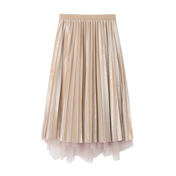 Irregular Asymmetric Mesh & Gold Velvet Pleated Skirt for Autumn/Winter