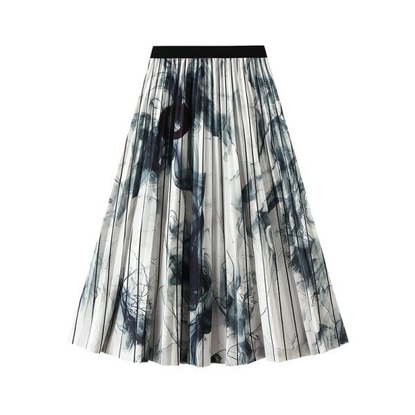 National Print High Waist Pleated Skirt with Large Hem