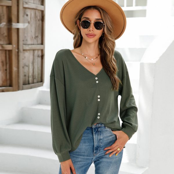 Buttoned V-Neck Casual Tee: Autumn-Winter Chic